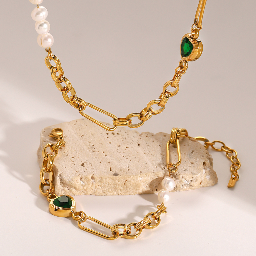 Bracelet Chaîne Pour Femme En Acier Inoxydable Plaqué Or  Avec Perles Artificielles, Série Romantique, Cœur Doux Image3