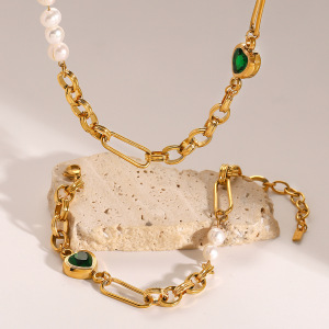 Bracelet Chaîne Pour Femme En Acier Inoxydable Plaqué Or  Avec Perles Artificielles, Série Romantique, Cœur Doux h5 Image3