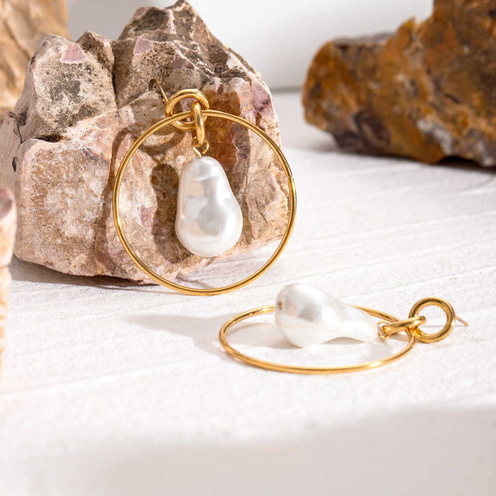1 Paire De Boucles D'Oreilles Pendantes Géométriques Élégantes En Acier Inoxydable Plaqué Or  Avec Perles Artificielles Pour Femmes 