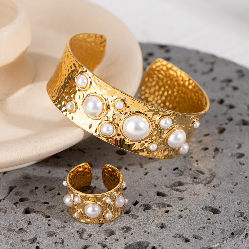 1 Paire De Bagues Ajustables Rétro Géométriques En Acier Inoxydable Plaqué Or Avec Perles Artificielles Pour Femme, Série Classique Image4