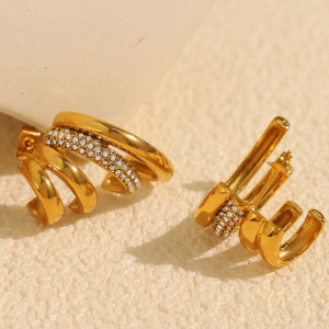 1 Paire De Boucles D'Oreilles À Tige Géométriques Rétro En Acier Inoxydable Plaqué Or  Avec Strass Pour Femme h5 