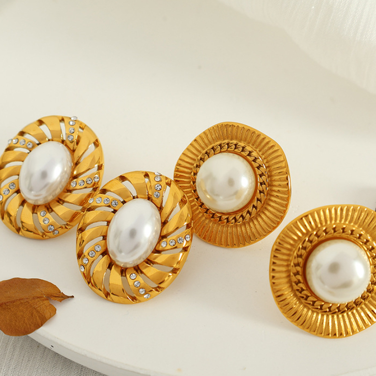 1 Paire De Boucles D'Oreilles À Tige Géométriques Rétro En Acier Inoxydable Plaqué Or Avec Strass Pour Femme, Série Classique h5Image3
