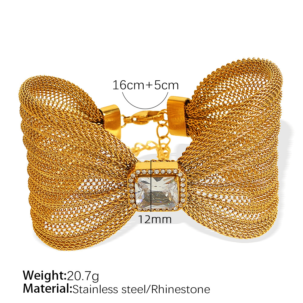 Bracelet Rétro En Acier Inoxydable Plaqué Or  Avec Nœud Papillon Et Zircon Pour Femme, Série Classique, 1 Pièce Image2