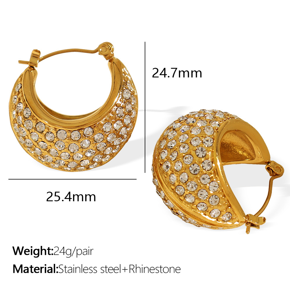 1 Paire De Boucles D'Oreilles Créoles Classiques Géométriques En Acier Inoxydable Plaqué Or  Avec Strass Pour Femme, Série Luxueuse Image2
