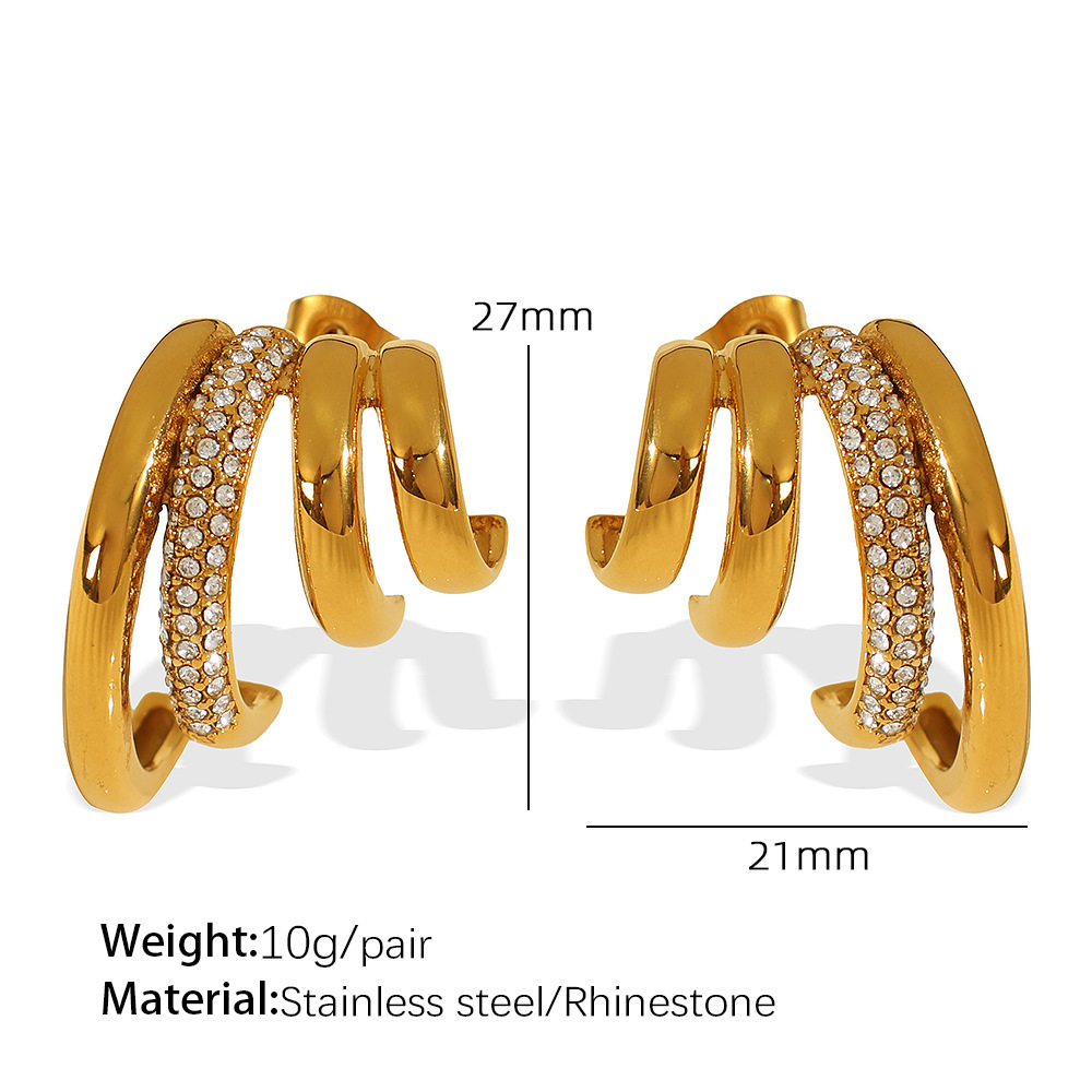 1 Paire De Boucles D'Oreilles À Tige Géométriques Rétro En Acier Inoxydable Plaqué Or  Avec Strass Pour Femme Image2