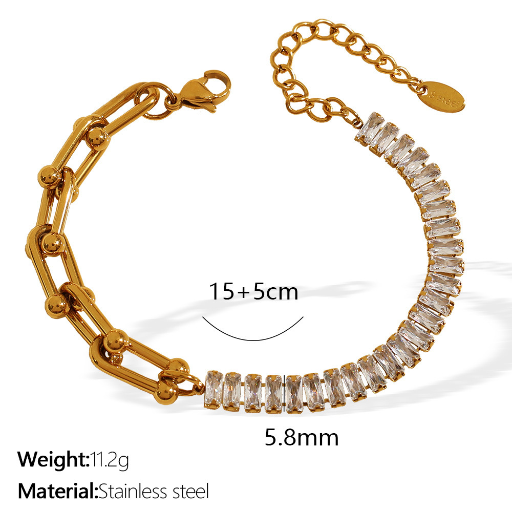 Bracelet À Breloques Géométrique Simple En Acier Inoxydable Plaqué Or Avec Strass Pour Femme, Série Luxueuse, 1 Pièce h5Image2