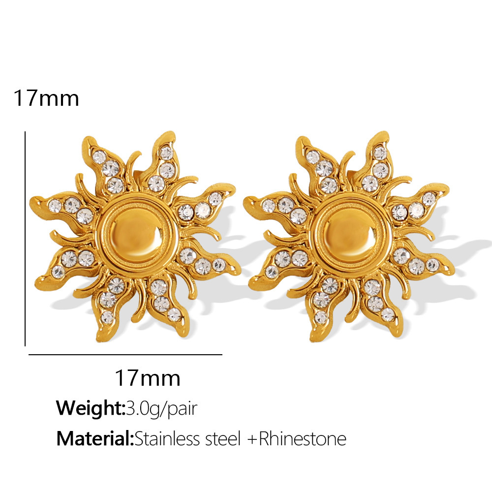 1 Paire De Boucles D'Oreilles À Tige Rétro Soleil/Lune En Acier Inoxydable Plaqué Or Avec Strass Pour Femme Image2