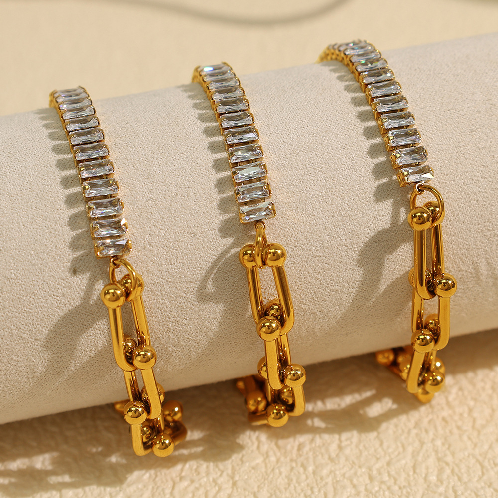 Bracelet À Breloques Géométrique Simple En Acier Inoxydable Plaqué Or Avec Strass Pour Femme, Série Luxueuse, 1 Pièce