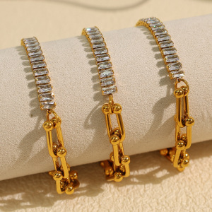 Bracelet À Breloques Géométrique Simple En Acier Inoxydable Plaqué Or Avec Strass Pour Femme, Série Luxueuse, 1 Pièce h5