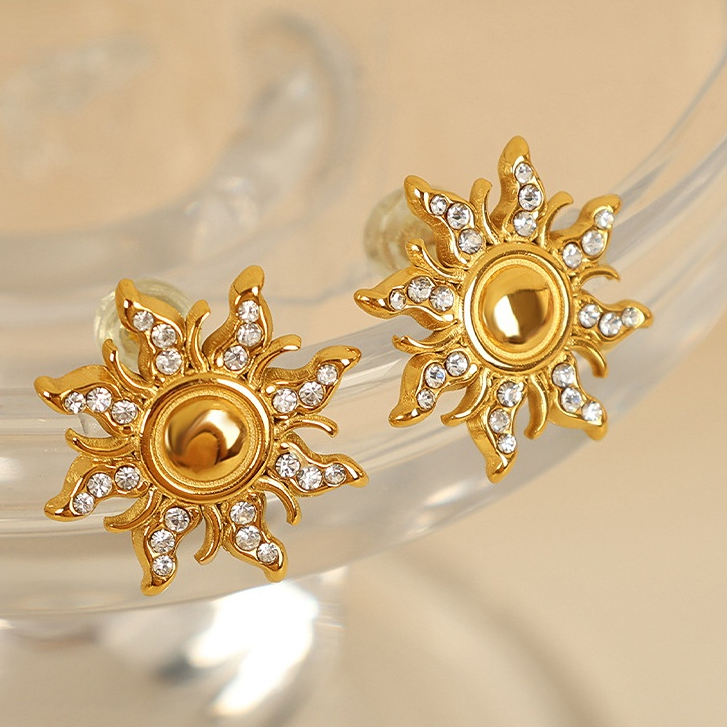 1 Paire De Boucles D'Oreilles À Tige Rétro Soleil/Lune En Acier Inoxydable Plaqué Or Avec Strass Pour Femme