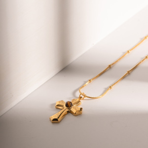 Collier Avec Pendentif Croix En Acier Inoxydable Plaqué Or  Et Pierre Naturelle Pour Femme, Série Simple, Style Ins h5 Image2
