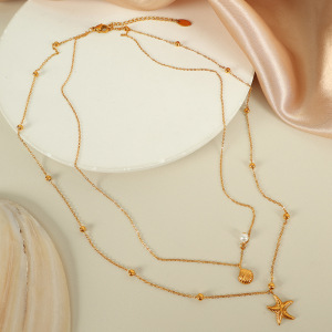 Collier Simple En Acier Inoxydable Plaqué Or  Avec Perles Artificielles Pour Femme, 1 Pièce h5 Image3