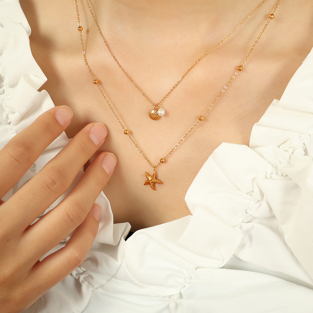 Collier Simple En Acier Inoxydable Plaqué Or  Avec Perles Artificielles Pour Femme, 1 Pièce Image4