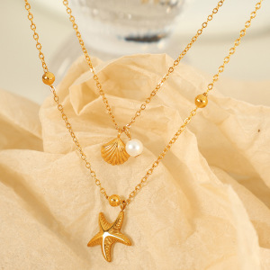Collier Simple En Acier Inoxydable Plaqué Or  Avec Perles Artificielles Pour Femme, 1 Pièce h5 Image2