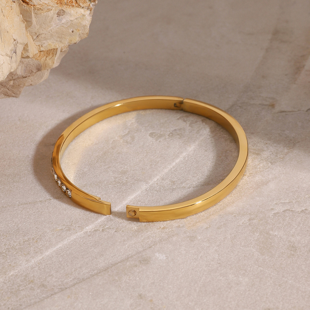 Bracelet Simple Pour Femme, Série , En Acier Inoxydable Plaqué Or , Avec Strass h5Image3