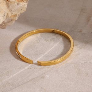 Bracelet Simple Pour Femme, Série , En Acier Inoxydable Plaqué Or , Avec Strass h5 Image3