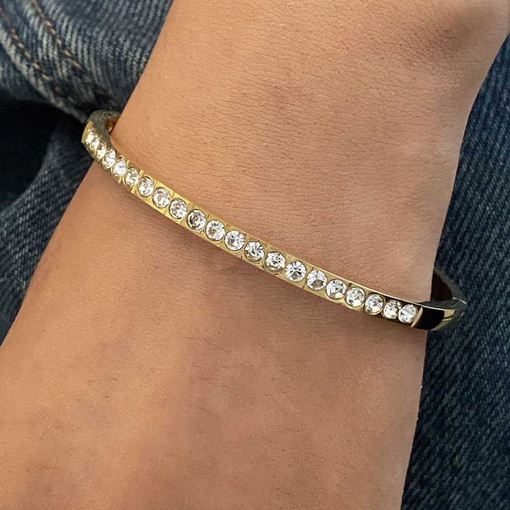 Bracelet Simple Pour Femme, Série , En Acier Inoxydable Plaqué Or , Avec Strass h5Image5
