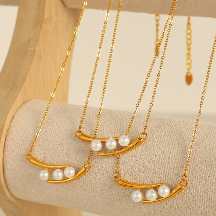 Collier Avec Pendentif En Perles Artificielles Pour Femme, Série Simple Rétro, En Acier Inoxydable Plaqué Or  