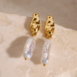 1 Paire De Boucles D'Oreilles Pendantes Ovales En Acier Inoxydable Plaqué Or Pour Femmes, Série Classic , Avec Perles Artificielles h5