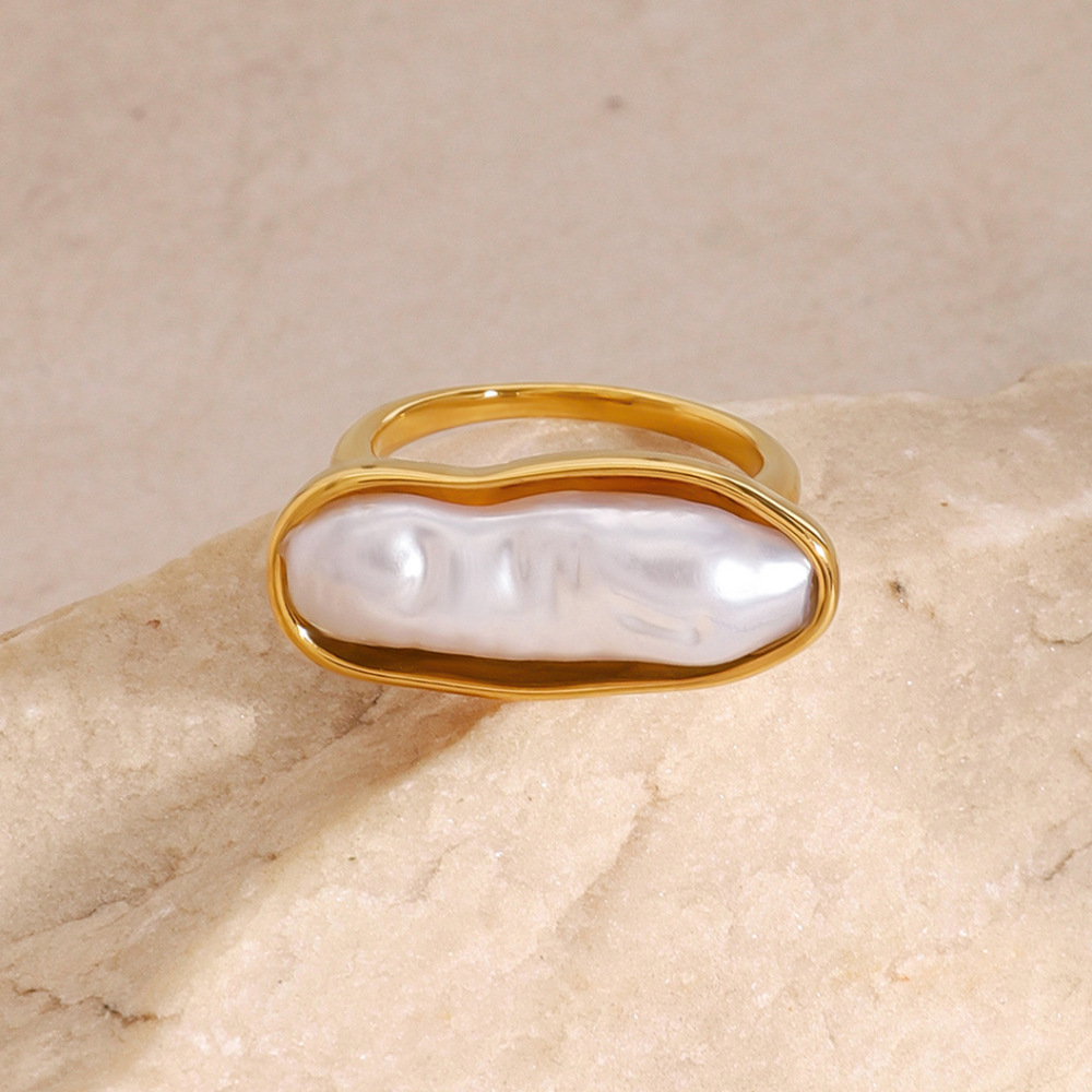 1 Paire De Bagues Simples Pour Femme, Série Classique, En Acier Inoxydable Plaqué Or , Avec Perles Artificielles Image4