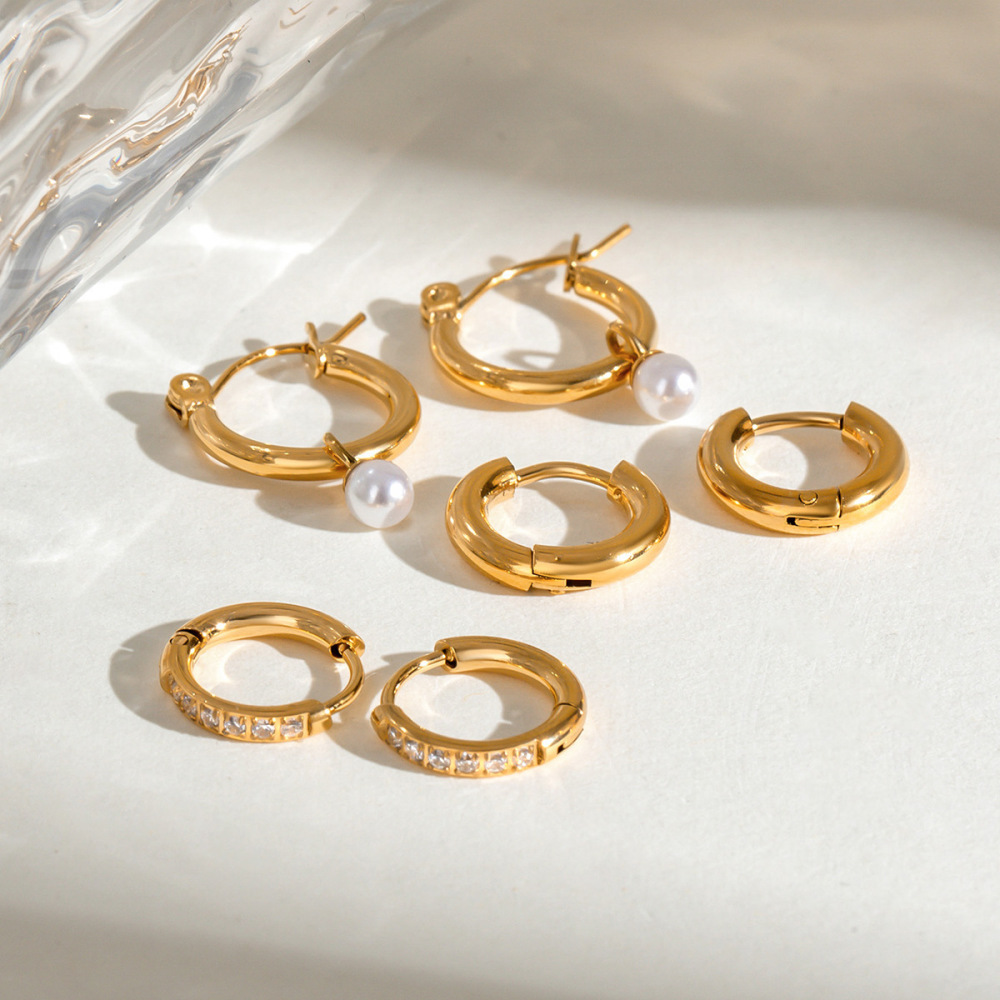 1 Paire De Boucles D'Oreilles Élégantes Annulaires En Acier Inoxydable Plaqué Or  Avec Strass Pour Femme, Série Classique 