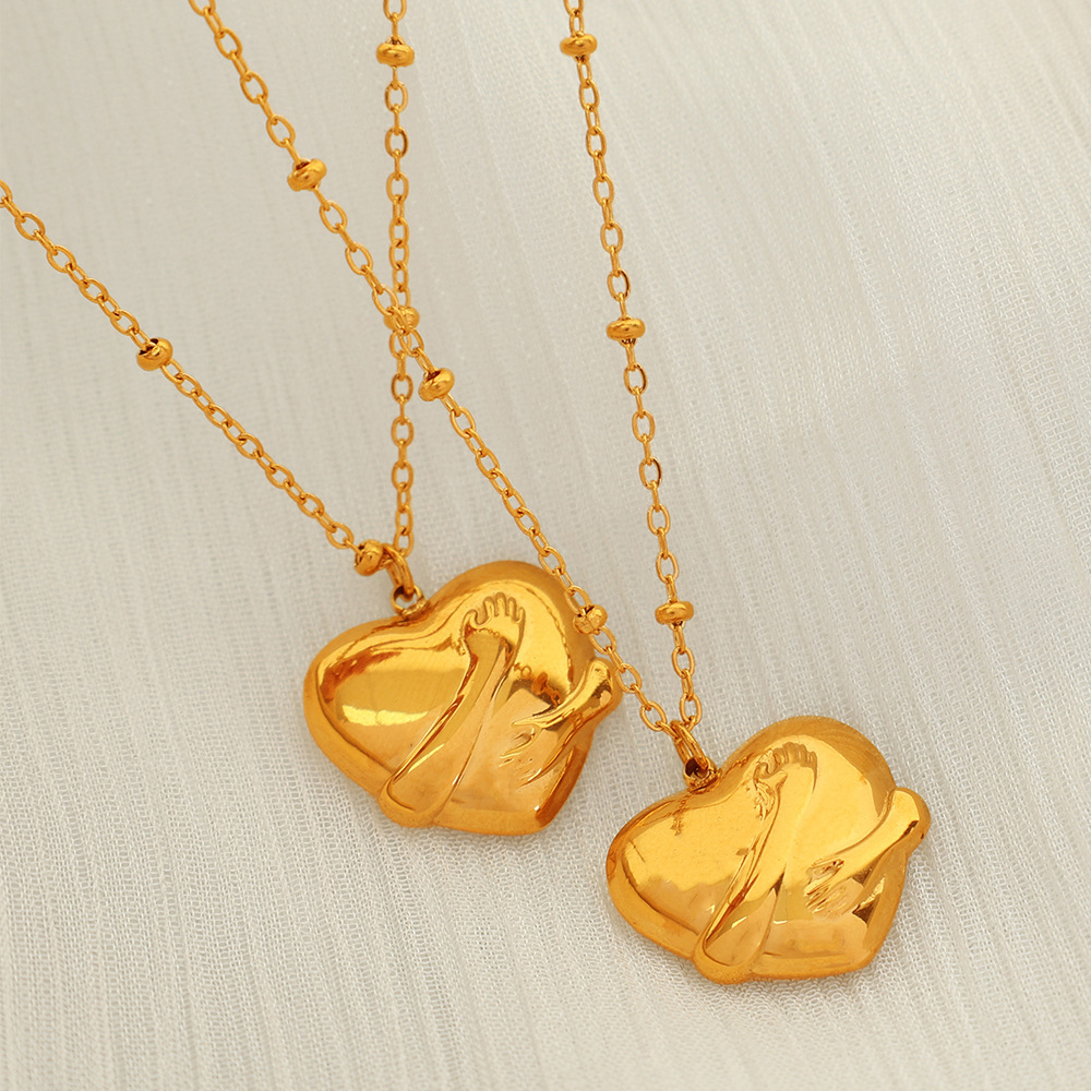 Collier Avec Pendentif En Forme De Cœur Rétro En Acier Titane Plaqué Or Pour Femme, Série Simple, 1 Pièce h5Image3