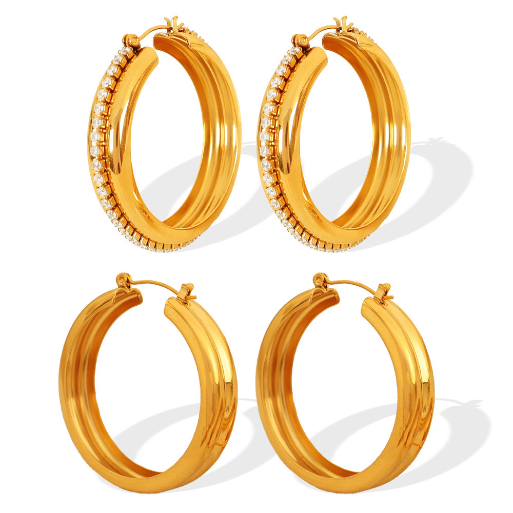 1 Paire De Boucles D'Oreilles Créoles Classiques En Acier Inoxydable Plaqué Or  Avec Zircons Pour Femmes, Série Simple Image3