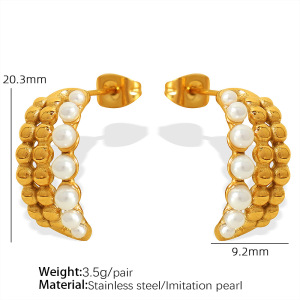 1 Paire De Boucles D'Oreilles Puces Rétro Classiques En Acier Inoxydable Plaqué Or Avec Perles Artificielles Pour Femme h5 Image2