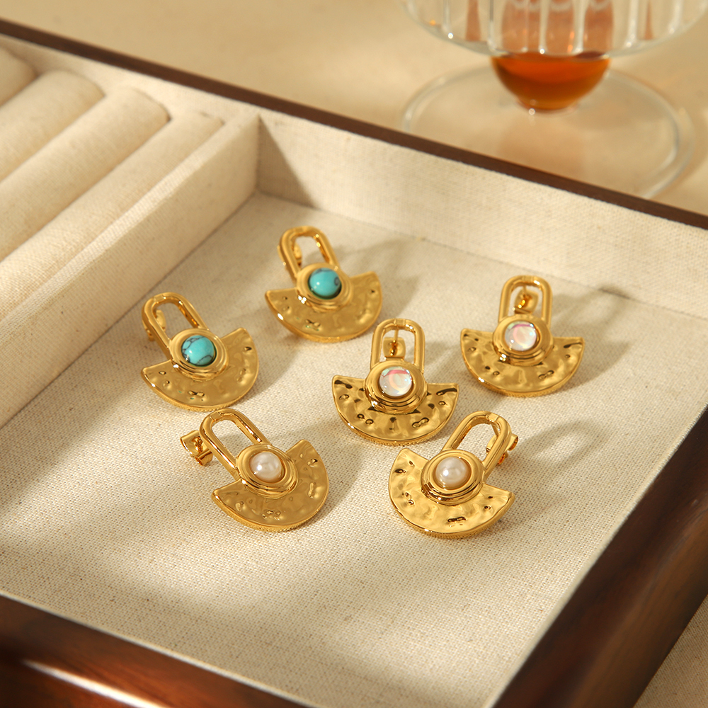 1 Paire De Boucles D'Oreilles Personnalisées En Acier Inoxydable Plaqué Or  Avec Pierres Naturelles Martelées Géométriques Pour Un Usage Quotidien Pour Femmes Image3