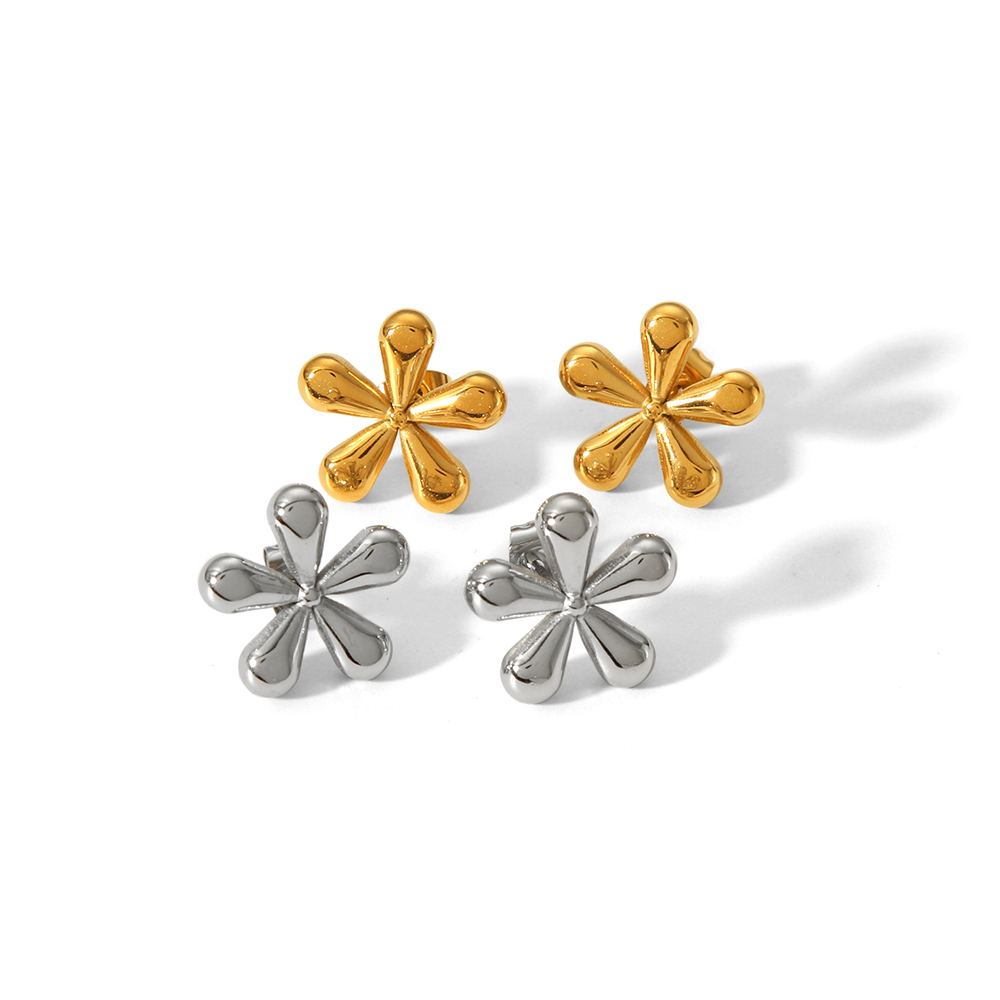 1 Paire De Boucles D'Oreilles Simples Et Élégantes En Acier Inoxydable Plaqué Or  À Cinq Pétales, Adaptées Au Port Quotidien Des Femmes Image3