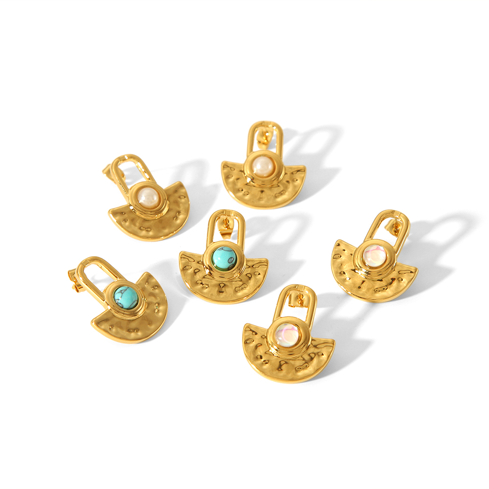 1 Paire De Boucles D'Oreilles Personnalisées En Acier Inoxydable Plaqué Or  Avec Pierres Naturelles Martelées Géométriques Pour Un Usage Quotidien Pour Femmes Image4