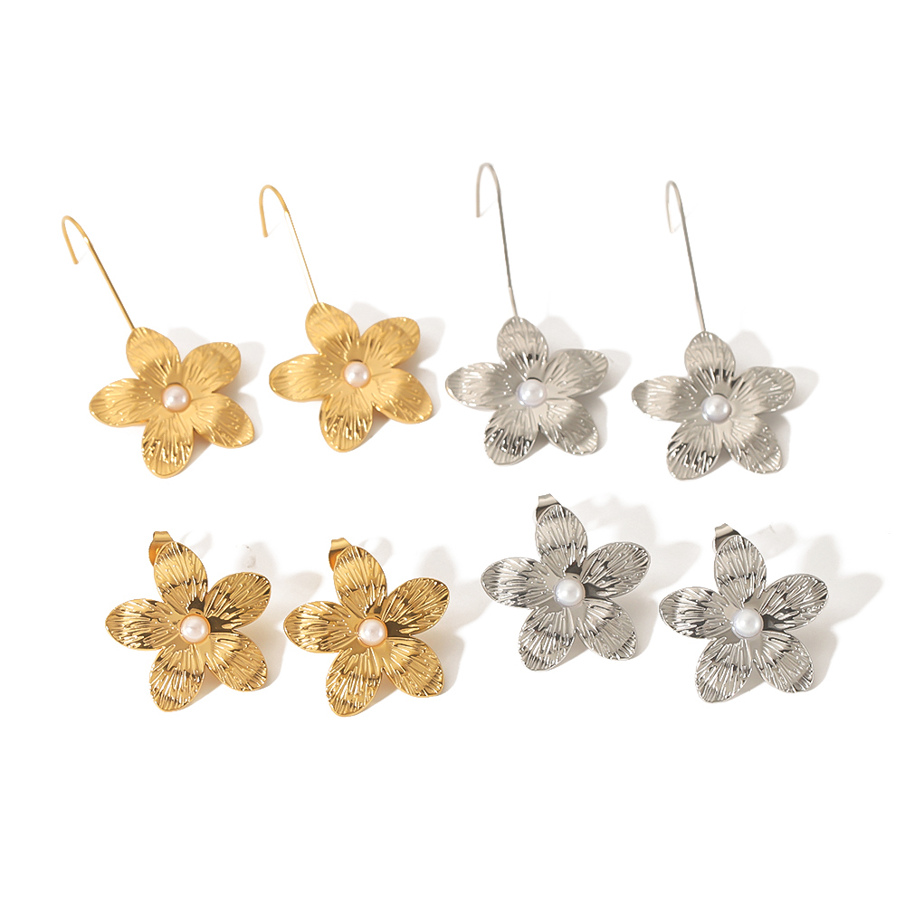 1 Paire De Boucles D'Oreilles Exquises Et À La Mode En Acier Inoxydable Plaqué Or  Avec Perles Et Fleurs Pour Femmes À Porter Au Quotidien Image4