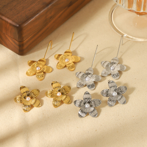 1 Paire De Boucles D'Oreilles Exquises Et À La Mode En Acier Inoxydable Plaqué Or  Avec Perles Et Fleurs Pour Femmes À Porter Au Quotidien h5 Image3