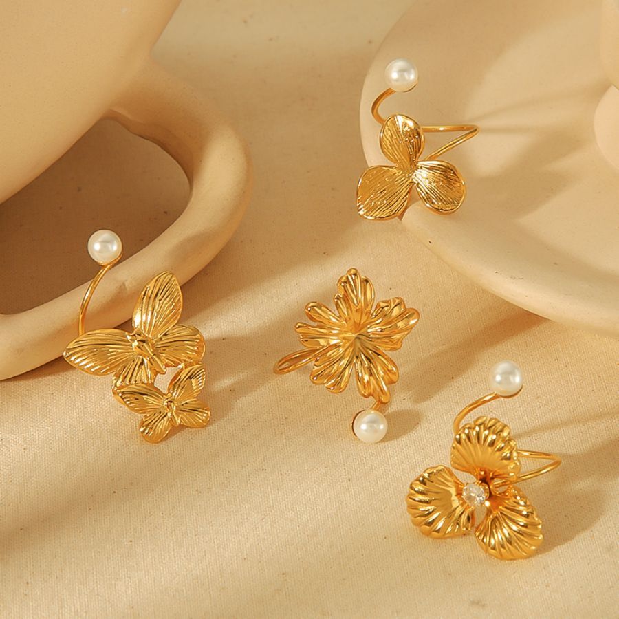 1 Pièce Exquise Et Élégante Bague Ouverte En Acier Inoxydable Plaqué Or Avec Fleur Irrégulière Et Papillon En Perle Pour Bijoux Pour Femmes À Porter Au Quotidien Image4