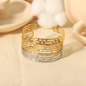 1 Paire De Bracelets Ouverts Multi-Lignes Creux En Acier Inoxydable Plaqué Or , Classiques Et Tendance, Avec Zircons h5 Image4