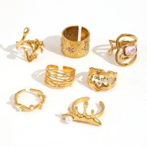 1 Paire De Bagues Simples En Acier Inoxydable Plaqué Or  Avec Strass Pour Femme, Réglables h5 Image3