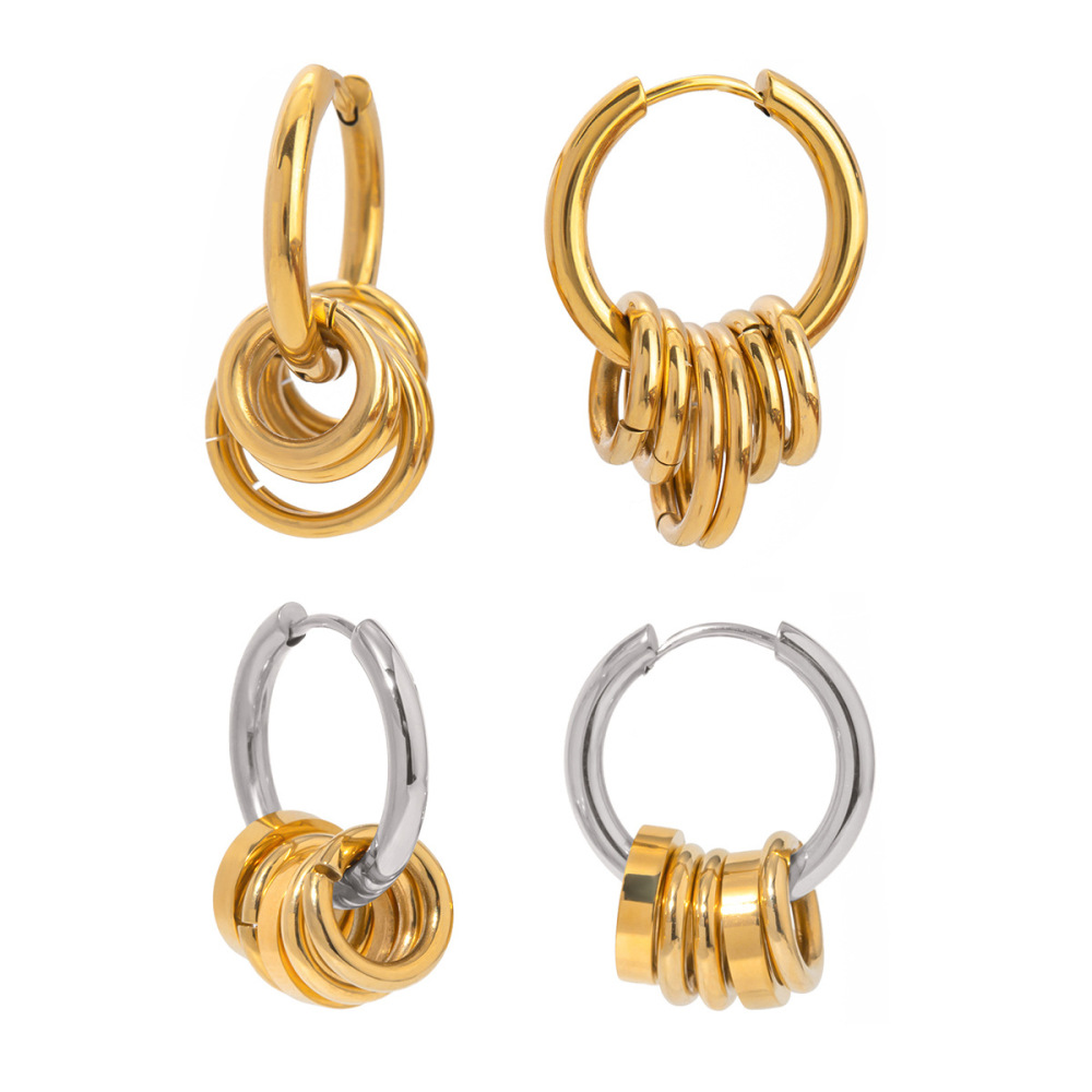 Boucles D'Oreilles En Acier Inoxydable Or , Anneau En Acier Poli Assorti, Cinq Petits Anneaux Suspendus En Or, Boucles D'Oreilles En Acier Titane Image5