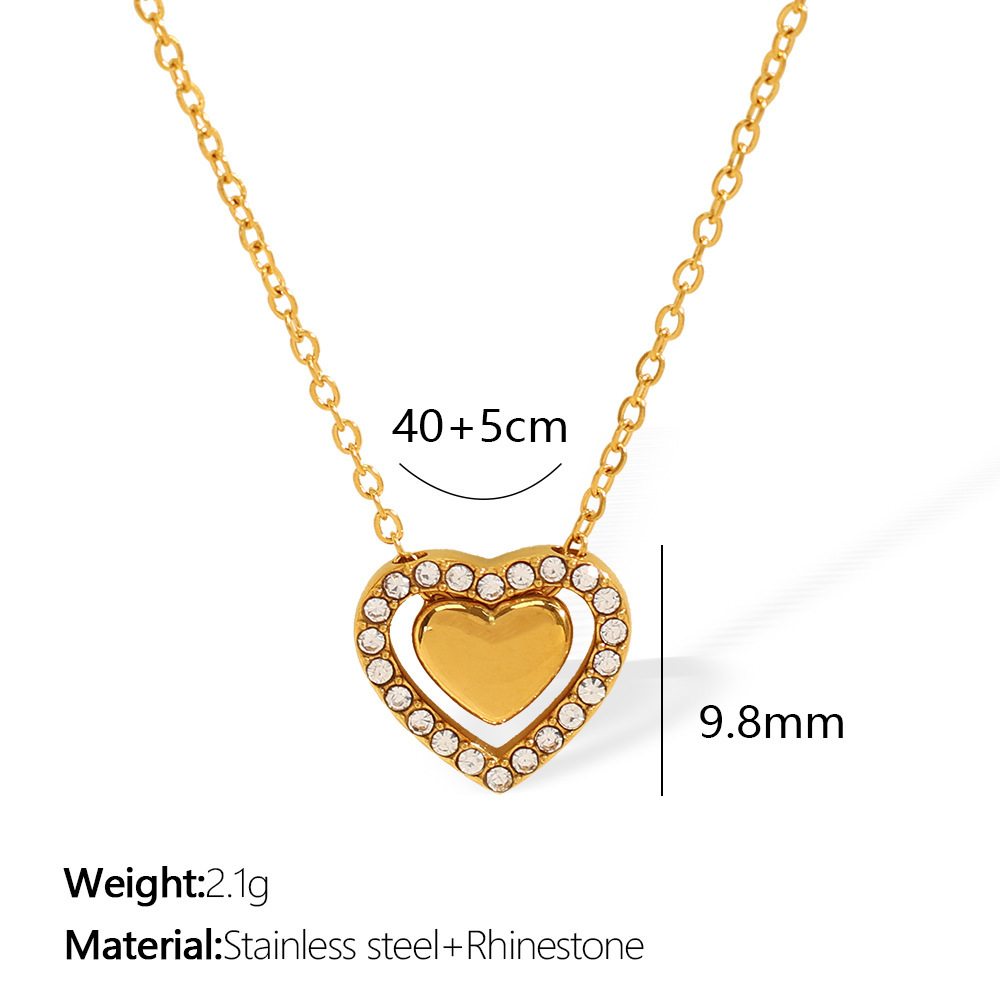 Collier Avec Pendentif En Forme De Cœur Élégant En Acier Titane Plaqué Or  Et Strass Pour Femme, Série Romantique, 1 Pièce Image2