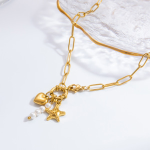 Collier Avec Pendentif En Forme De Cœur Élégant En Acier Inoxydable Plaqué Or Et Perles Artificielles Pour Femme, Série Simple, 1 Pièce h5