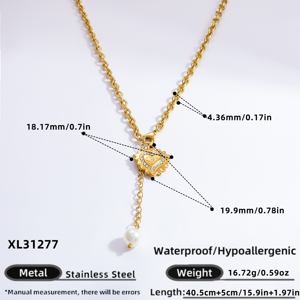 Collier Avec Pendentif En Forme De Cœur Élégant En Acier Inoxydable Plaqué Or  Et Perles Artificielles Pour Femme, Série Luxueuse Image2
