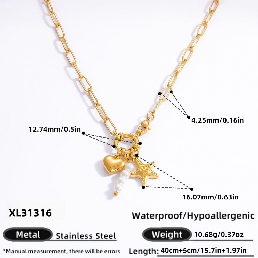 Collier Avec Pendentif En Forme De Cœur Élégant En Acier Inoxydable Plaqué Or Et Perles Artificielles Pour Femme, Série Simple, 1 Pièce h5Image2