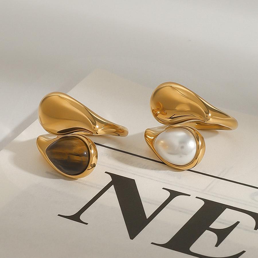 Bague Ajustable Pour Femme, En Acier Inoxydable Doré, Ornée D'Une Pierre Naturelle En Forme De Goutte (1 Pièce), Collection Classique. 