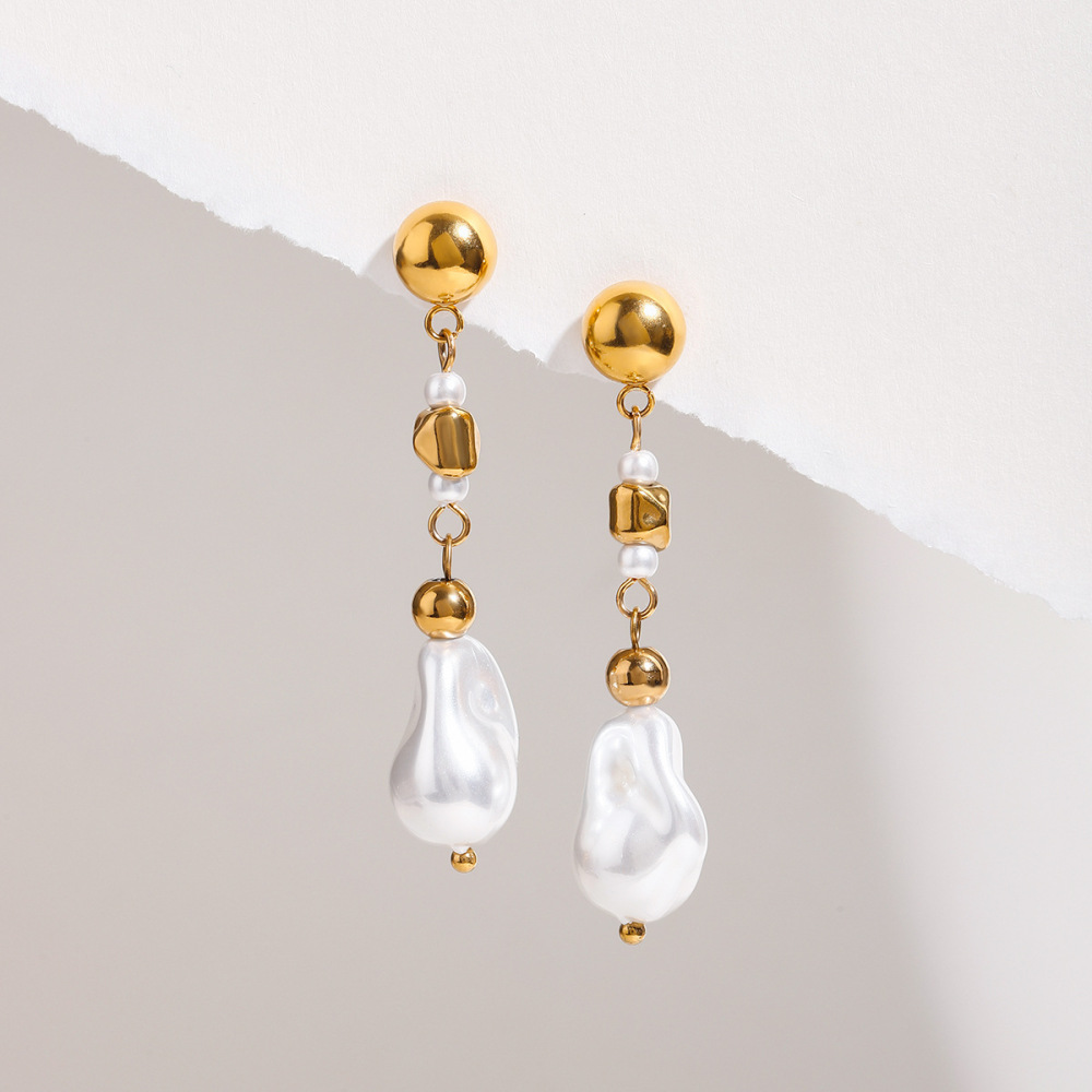 Boucles D'Oreilles À Perles Pour Femme, Collection Romantique, En Acier Inoxydable Doré, Imperméables, De Forme Irrégulière Et Raffinée. 