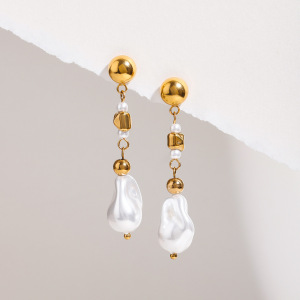 Boucles D'Oreilles À Perles Pour Femme, Collection Romantique, En Acier Inoxydable Doré, Imperméables, De Forme Irrégulière Et Raffinée. h5 