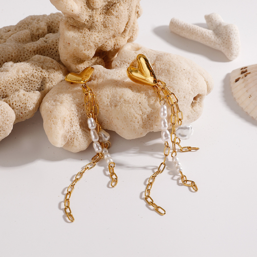 Boucles D'Oreilles Pour Femme, Collection Luxe Sweet Heart, Pompon, En Acier Inoxydable Doré, Imperméables, Ornées De Perles. 1 Paire. h5Image7