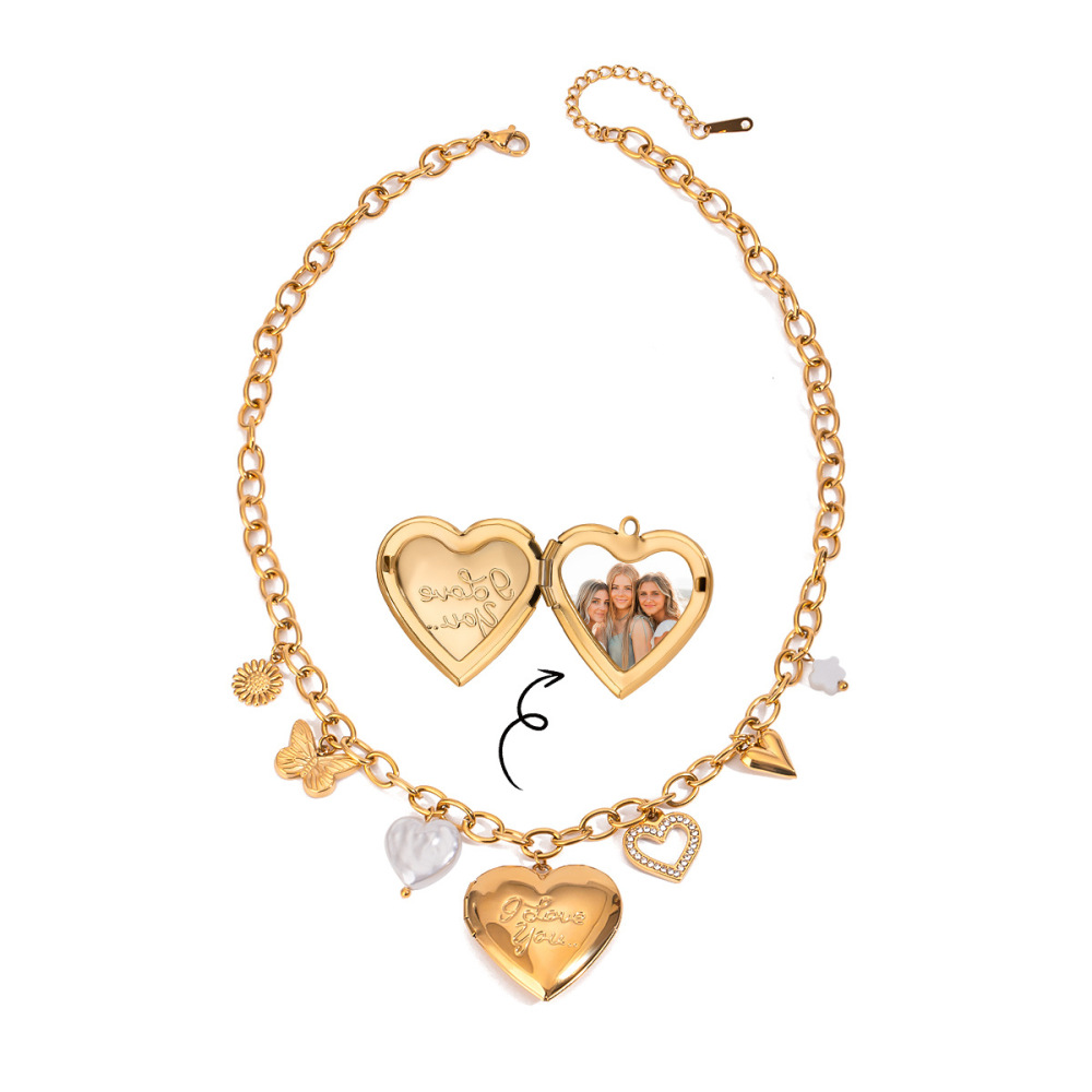 Collier Pendentif Papillon En Forme De Cœur, En Acier Inoxydable Doré, Étanche, De La Série Classique (1 Pièce) Image5