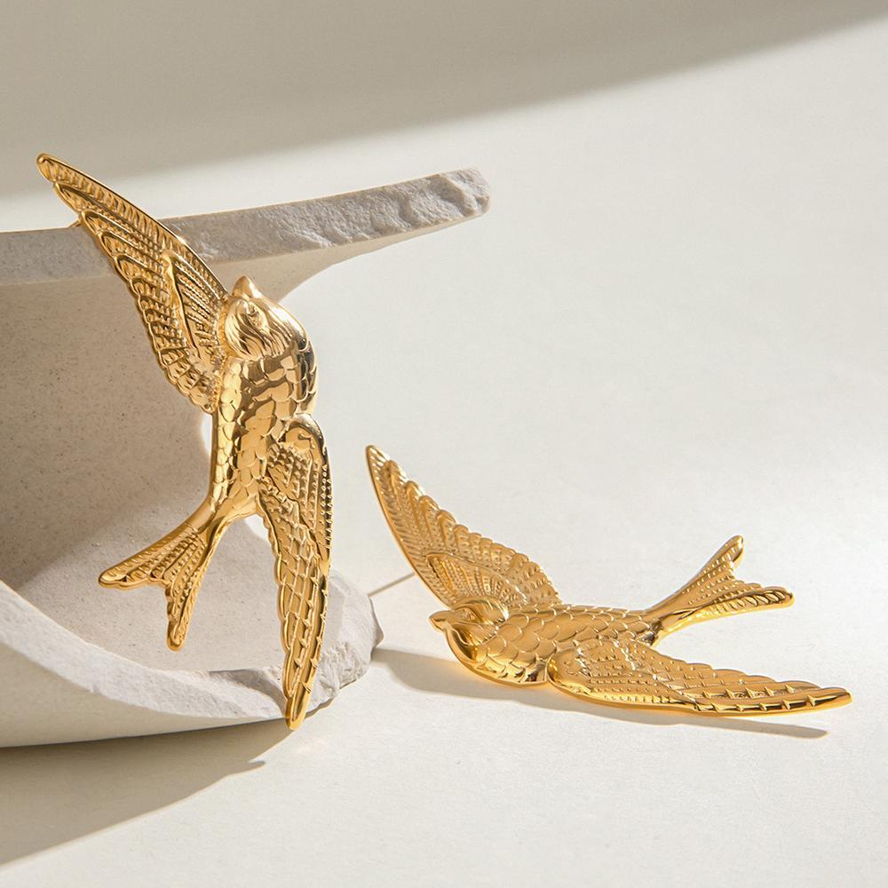 Boucles D'Oreilles Puces Élégantes Et Luxueuses Pour Femme, En Acier Inoxydable Doré, Motif Oiseau Naturel, Imperméables, Collection Luxueuse. 