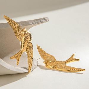 Boucles D'Oreilles Puces Élégantes Et Luxueuses Pour Femme, En Acier Inoxydable Doré, Motif Oiseau Naturel, Imperméables, Collection Luxueuse. h5 