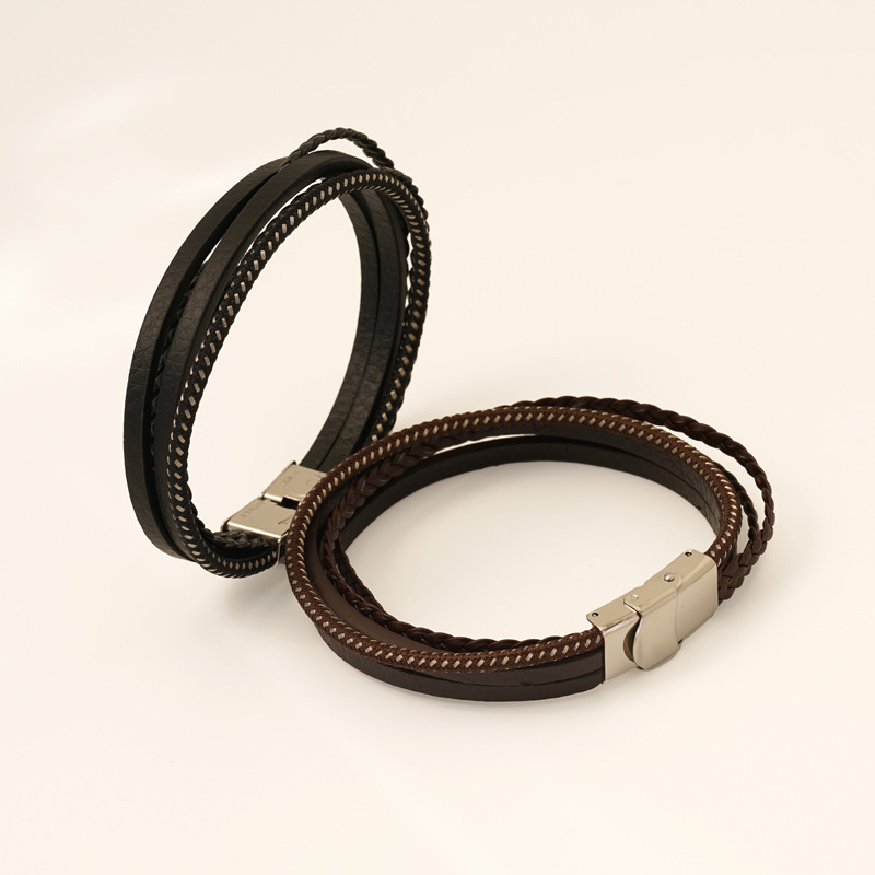 1 Paire De Bracelets Multicouches Tissés À La Main Pour Hommes, Bijoux En Acier Inoxydable, Bracelet En Cuir Et Corde, Bracelet Unisexe Pour Hommes Image3