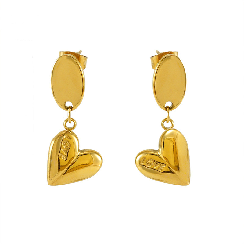 1 Paire De Boucles D'Oreilles Rétro En Acier Inoxydable Plaqué Or En Forme De Cœur Pour Femmes, Boucles D'Oreilles En Acier Titane À La Mode, Boucles D'Oreilles Pendantes Pour Femmes Image2